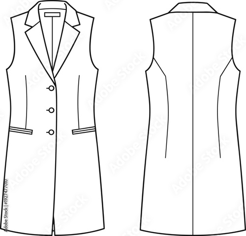 Women sleeveless long vest technical fashion flat sketch, front and back view, tailored buttoned waistcoat coat apparel template