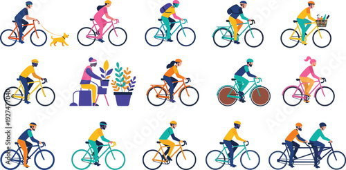 Colorful cycling people collection with urban bicyclists in different poses vector set for eco transport, active lifestyle, and city commuting design