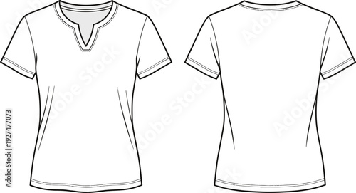 Women short sleeve t shirt technical fashion flat sketch, front and back view, casual fitted top apparel template illustration