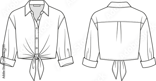 Women tie front cropped shirt technical fashion flat sketch, front and back view, long sleeve casual blouse apparel template