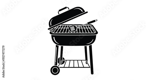 Black and white illustration of a portable outdoor barbecue grill