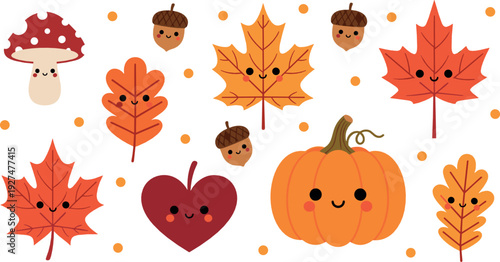 Cute Autumn Leaves Pumpkin and Acorn Kawaii Fall Elements Vector Set