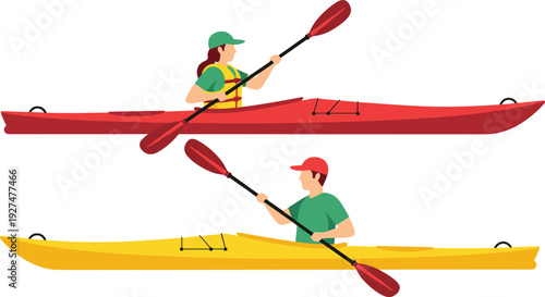 Kayaking people vector illustration with male and female paddlers in colorful kayaks for outdoor water sport and adventure recreation design