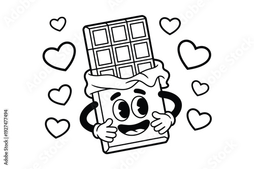 A cartoon chocolate bar character with hearts around it in black and white