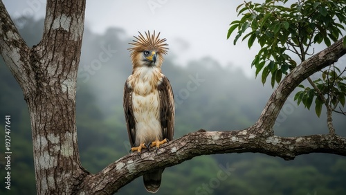 Wallpaper Mural Philippine Eagle Perched on Tree Branch in Misty Forest Torontodigital.ca