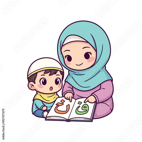 Mother and child reading Arabic alphabet together happily.
