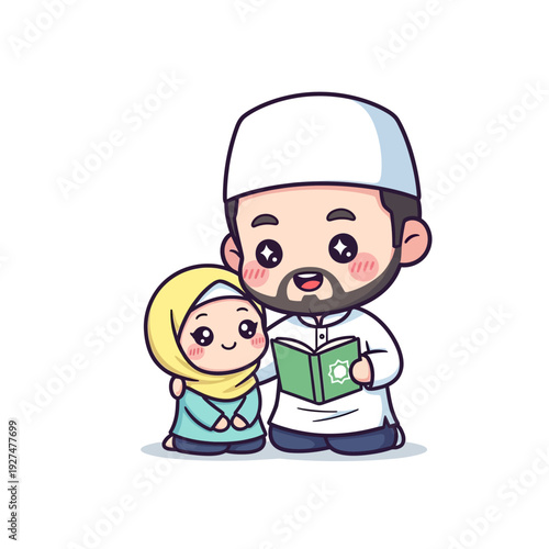 Father and daughter reading Quran together in cartoon style.