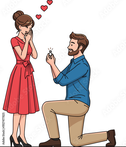 Romantic marriage proposal vector illustration with man kneeling and offering engagement ring to surprised woman for love and wedding design