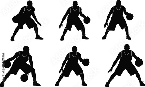 Basketball player dribbling ball silhouette set, athletic man in action poses, sports training concept, isolated vector illustration collection