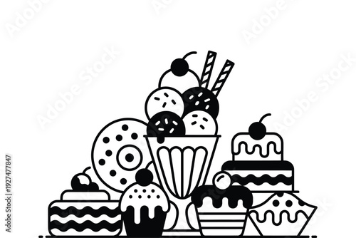 A dessert icon illustration featuring various sweet treats and a sundae