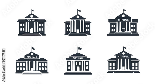 Black silhouette icons depicting city hall buildings with flags