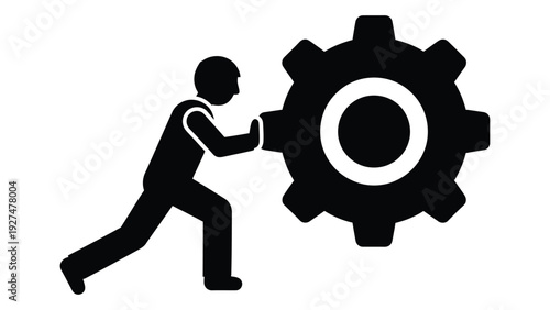 A man pushing a large gear isolated on white background, Vector