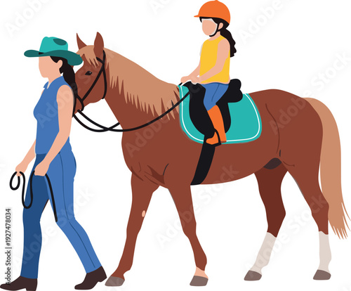 Woman leading horse with child rider vector illustration for horseback riding lesson, equestrian training, and outdoor family activity design