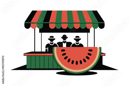 Watermelon vendor stand illustration with colorful striped awning and silhouetted people