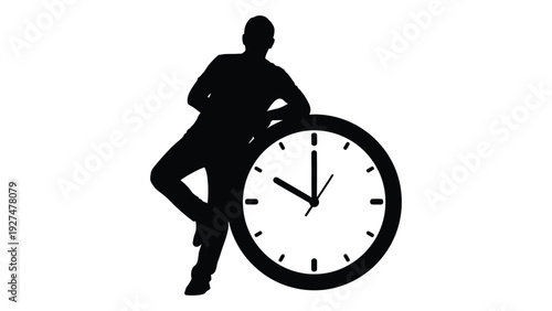 A man leaning on a large clock isolated on white background, Vector