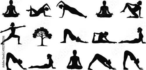 Yoga pose silhouette collection with meditation and stretching exercises vector set for fitness, wellness, and healthy lifestyle design