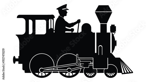 A black silhouette of a train with a conductor isolated on white background, Vector