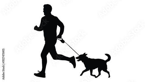 A man jogging with his dog on a leash isolated on white background, Vector