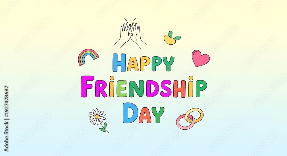 Fototapeta premium Happy friendship day colorful illustration with symbols and text on gradient background