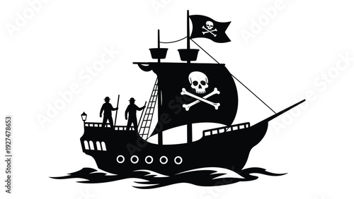 A black and white image of a pirate ship on the water isolated on white background, Vector