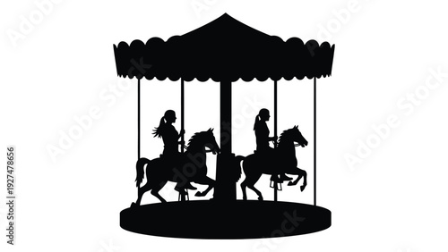 A black silhouette of a merry-go-round with horses isolated on white background, Vector