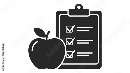 An apple icon next to a clipboard with checkboxes isolated on white background, Vector