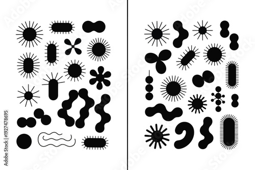 Bacteria icon set including various shapes and forms in black silhouette