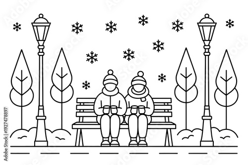 Winter couple sitting on a bench in a park with snowflakes falling