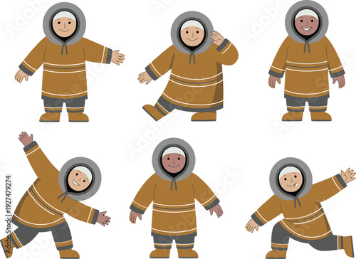 Inuit character illustration set in various poses and outfits