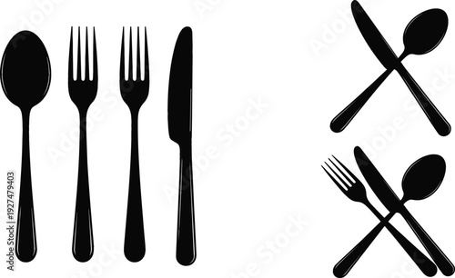 Black Cutlery Silhouette Icons Set Including Spoon Fork Knife and Crossed Utensils, Minimal Tableware Symbols for Restaurant Dining and Kitchen Design Vector