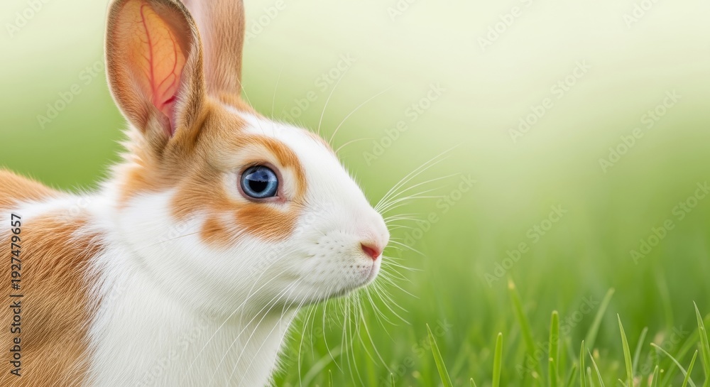 Obraz premium A beautiful orange and white rabbit with striking blue eyes looks sideways, captured close-up against a blurred green background.