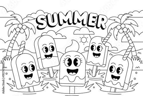 A colorful summer illustration of smiling popsicles in the water with palm trees