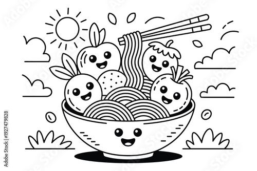A cartoon noodle bowl illustration with happy vegetables and chopsticks