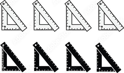 Set square and ruler icon set, triangular measuring tool in outline and silhouette isolated on white background illustration