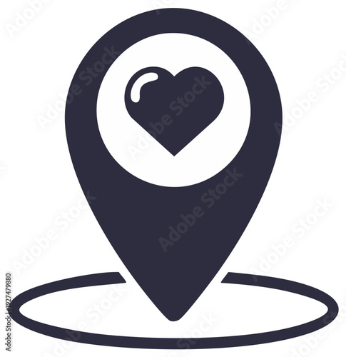 Heart location sign symbol pin with circle indicating the spot for love concept