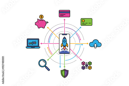 Rocket Launch in Minimalist Infographic Style with Bright Colors and Clean Lines for Startup Presentation