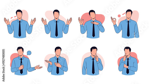 Set of eight illustrations of a faceless businessman character showing various gestures like thinking, pointing, and welcoming.
