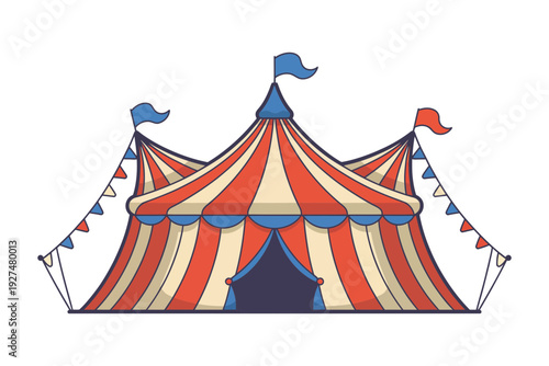 A colorful circus tent illustration with red and white stripes