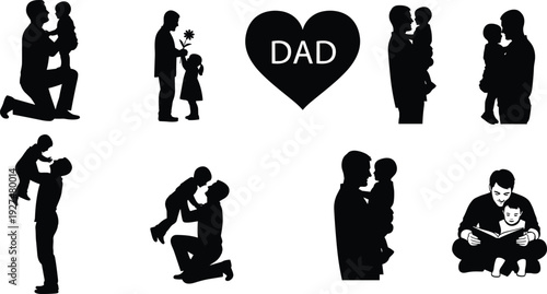 Father and child silhouette collection, dad parenting moments, family love concept, isolated black vector illustration set for Father’s Day