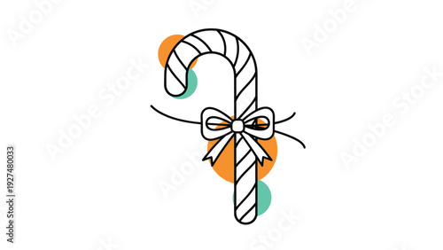 Minimalist line art illustration of a Christmas candy cane with a bow, decorated with abstract orange and teal color spots.
