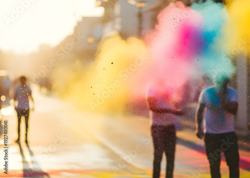 People celebrating holi festival on street with vibrant color powder and sunlight