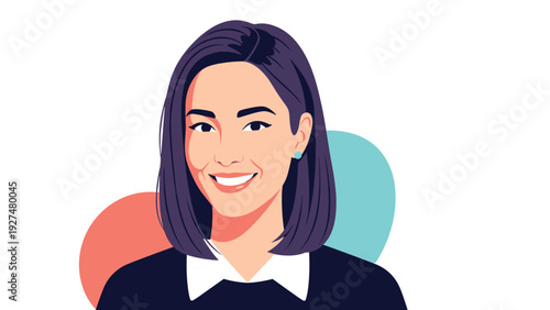 Cheerful portrait of a stylish young professional woman with purple bob hair, smiling against a background of abstract shapes.