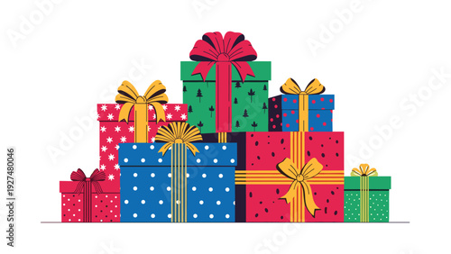 Big pile of colorful wrapped Christmas or birthday presents with festive bows and patterns, isolated on a clean white background.