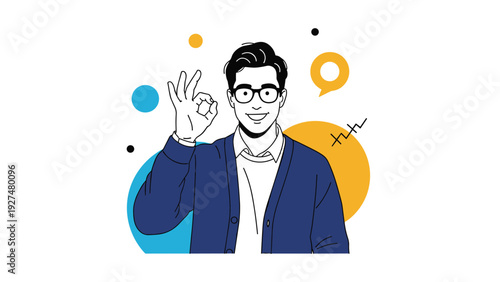 Happy and confident young man with glasses making an 'OK' hand gesture, showing approval and success, with abstract shapes behind.