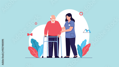 Compassionate female nurse assisting an elderly man using a walker, illustrating professional care and support in a nursing home.