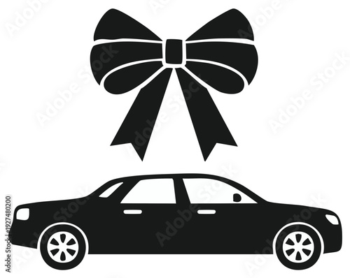 Car gift black silhouette, present with bow, new vehicle, holiday concept