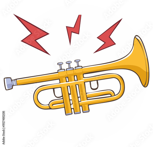 Cartoon golden trumpet with red sound waves emanating