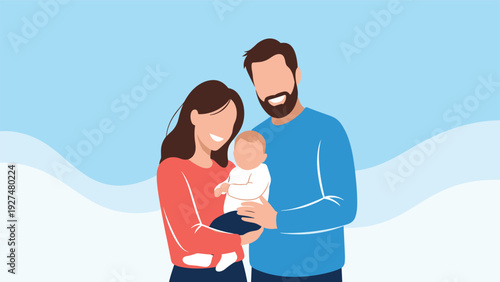 Minimalist illustration of a happy young family with a mother, a bearded father, and a baby against a simple blue background.