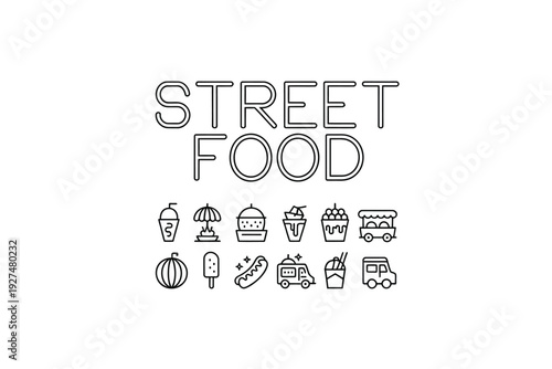 Street food icons and illustrations in a modern line style