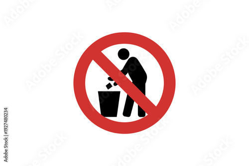 A no littering sign with a person and trash can icon
